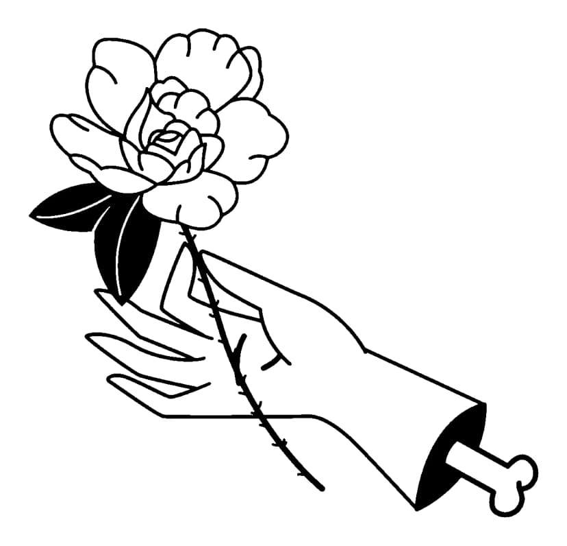 Traditional tattoo art of a severed hand holding a peony flower.