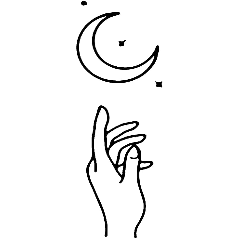 Minimalist line art of a hand reaching upward toward a crescent moon and small stars.