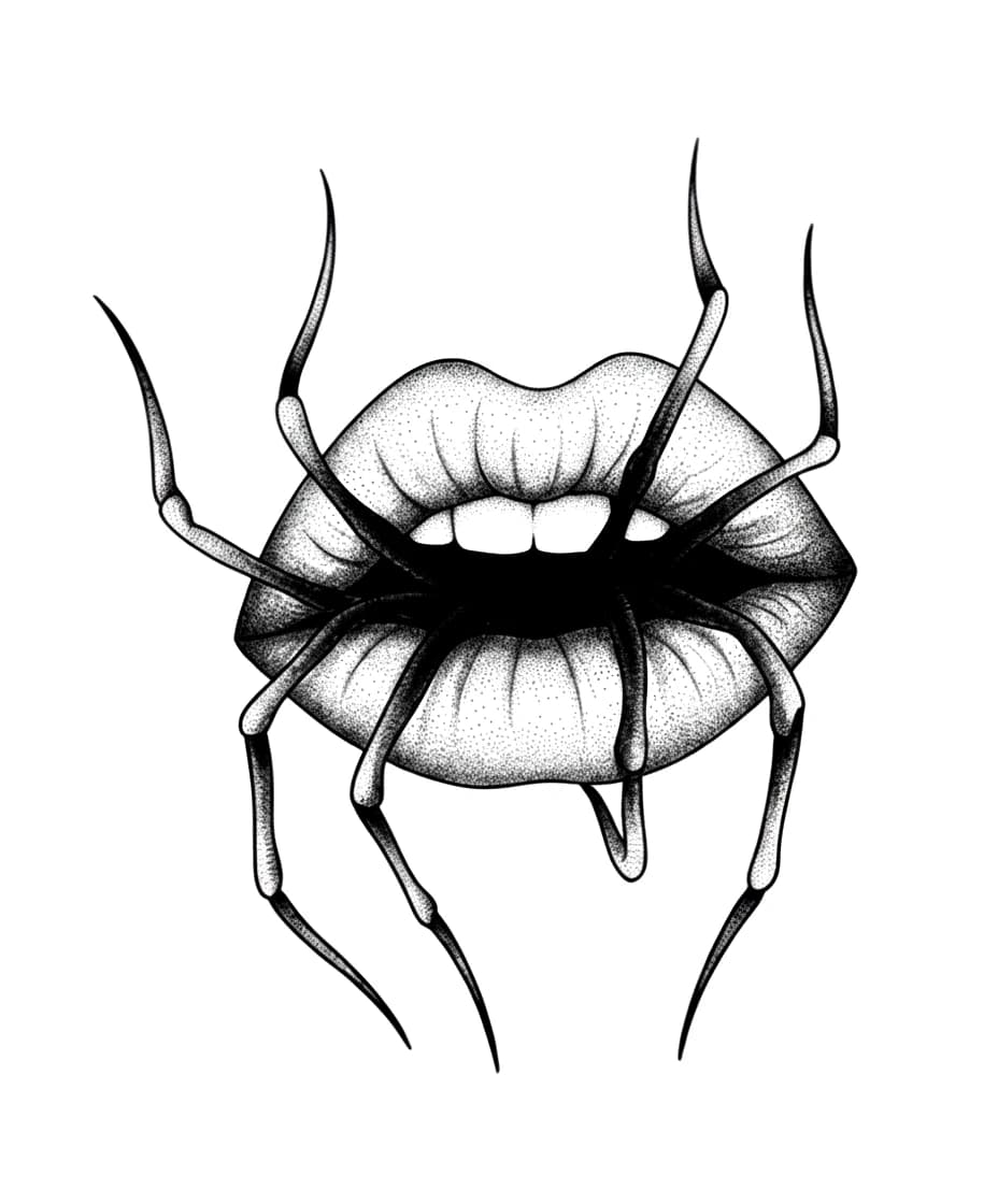 Stippled blackwork tattoo design featuring long spider legs crawling out of an open mouth with detailed lips.