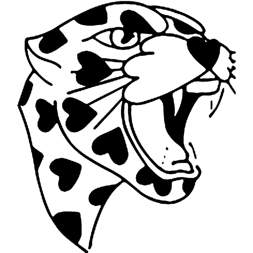 A bold black and white traditional roaring panther tattoo design featuring heart-shaped leopard spots.