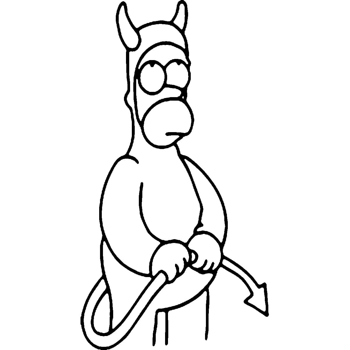 Minimalist black linework tattoo of Homer Simpson in a devil suit holding his pointed tail.