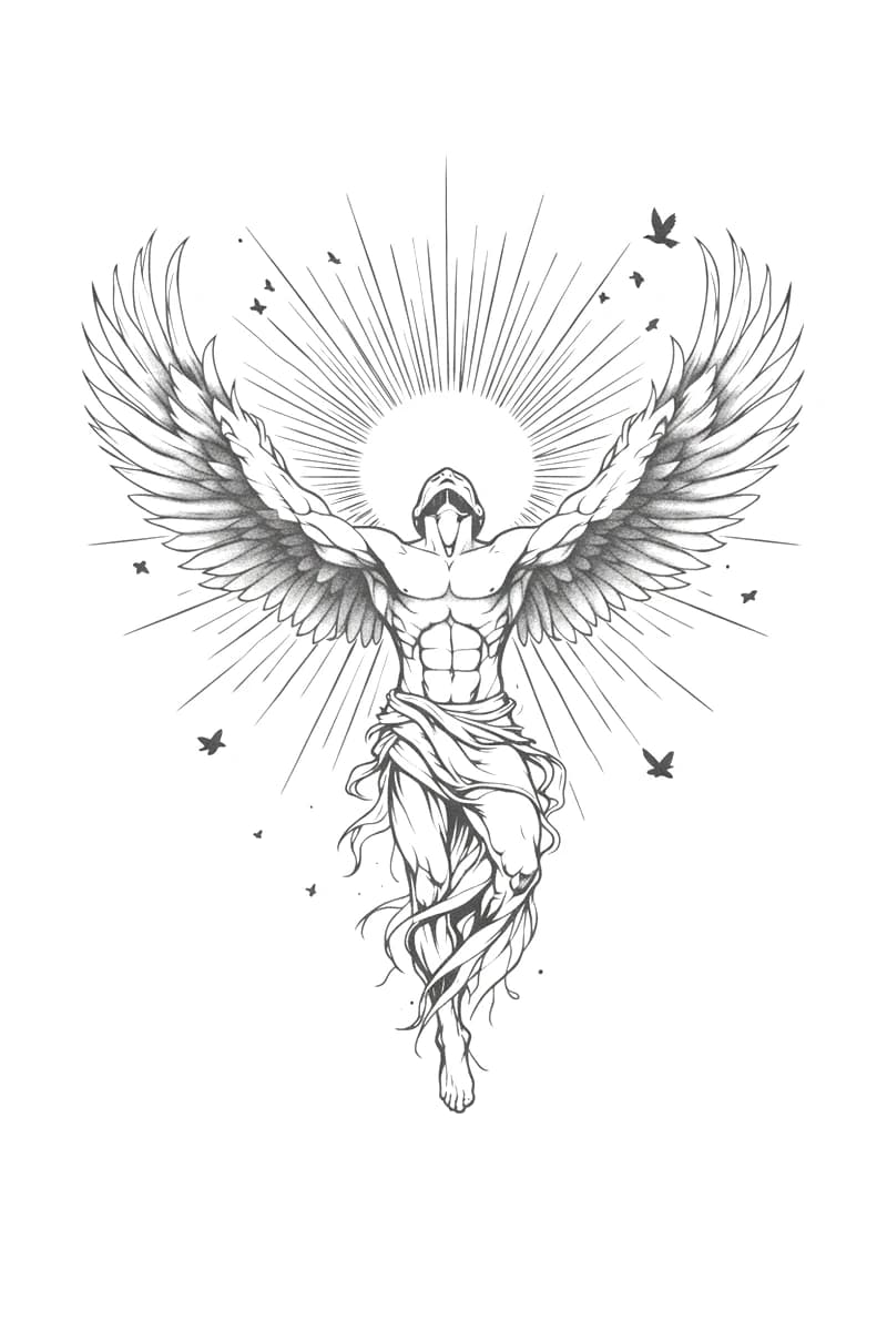 Ascending winged figure of Icarus with outstretched stippled wings and radiant sunburst halo blackwork tattoo design