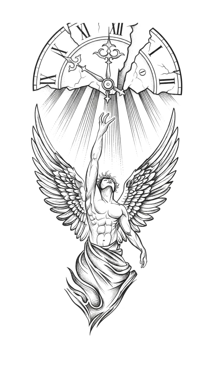 Illustrative ascending figure of Icarus reaching upward toward a cracked Roman numeral clock face with stippled light rays.