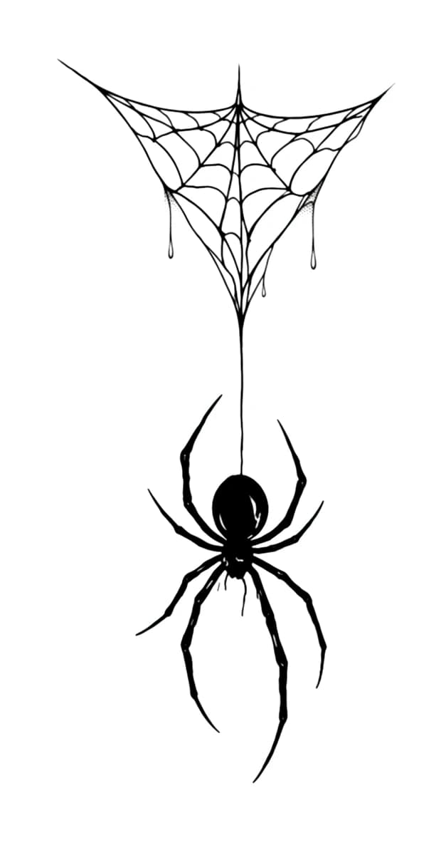 Blackwork descending spider suspended on a thread from a detailed dripping web with stippled shading.