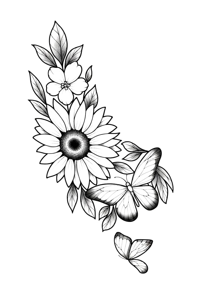 Illustrative stippled sunflower with a delicate blossom and two cascading butterflies in blackwork linework.