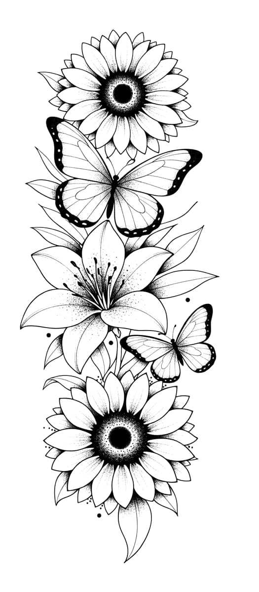 Illustrative blackwork tattoo design featuring blooming sunflowers, a lily, and butterflies with dotwork shading.