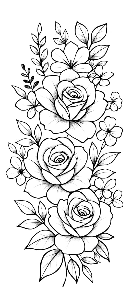 Illustrative vertical cascade of three blooming roses with stippled shading and delicate botanical foliage in black ink.