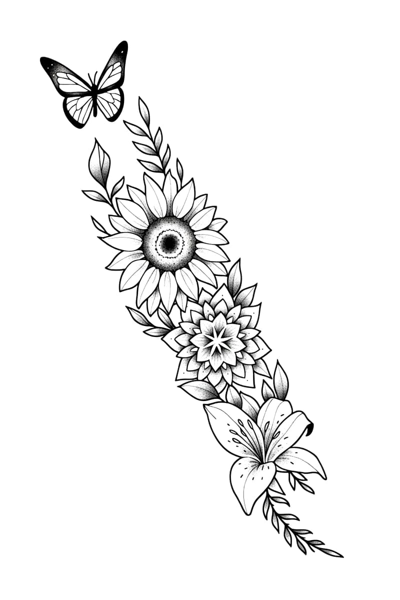Illustrative blackwork tattoo design of a butterfly hovering above a cascading sunflower, mandala bloom, and lily.
