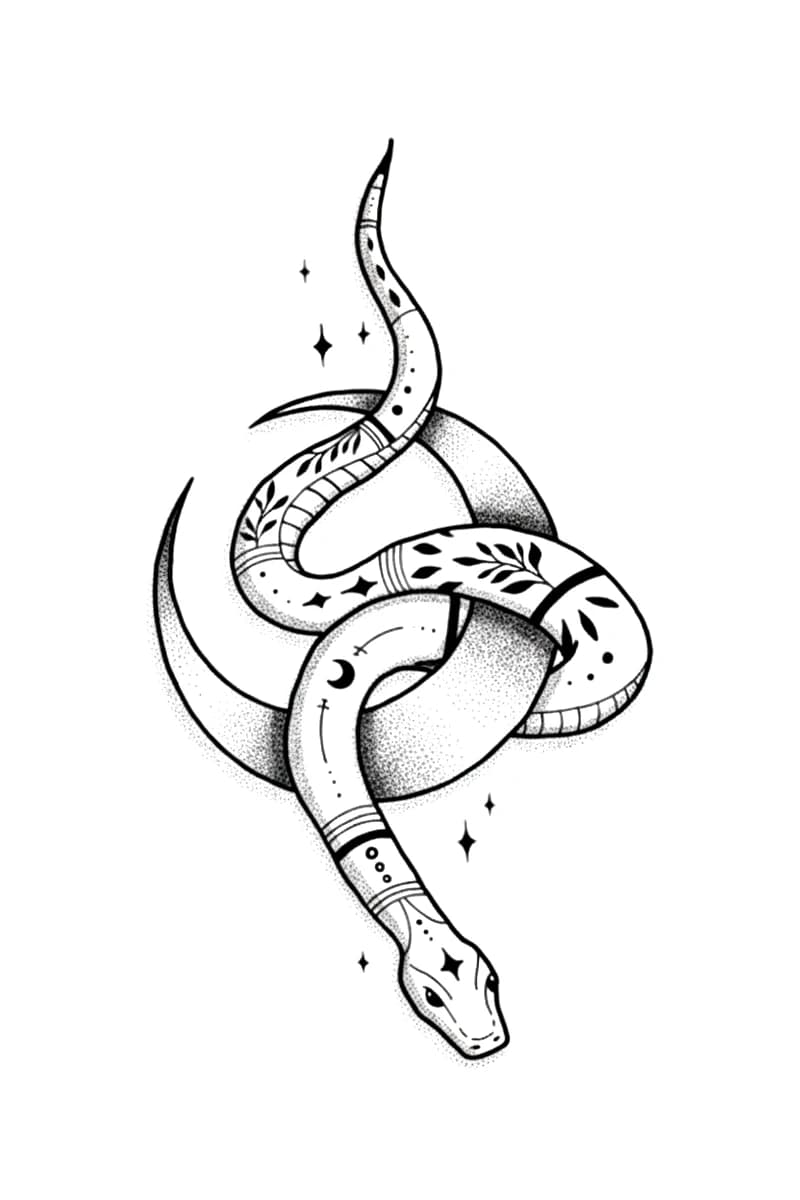 Illustrative coiled serpent entwined around a stippled crescent moon with botanical leaf patterns and celestial stars.