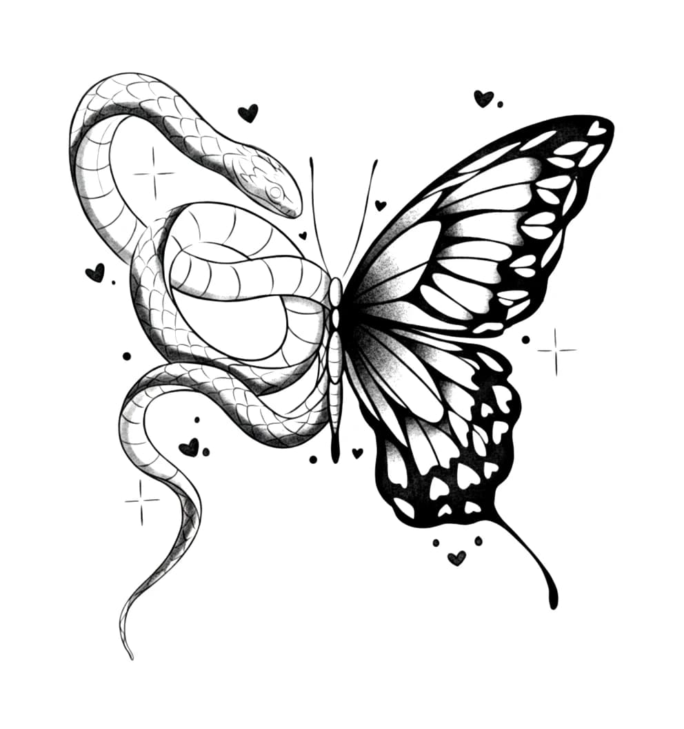 Illustrative blackwork tattoo design featuring a coiled snake fused with a delicate stippled butterfly wing.