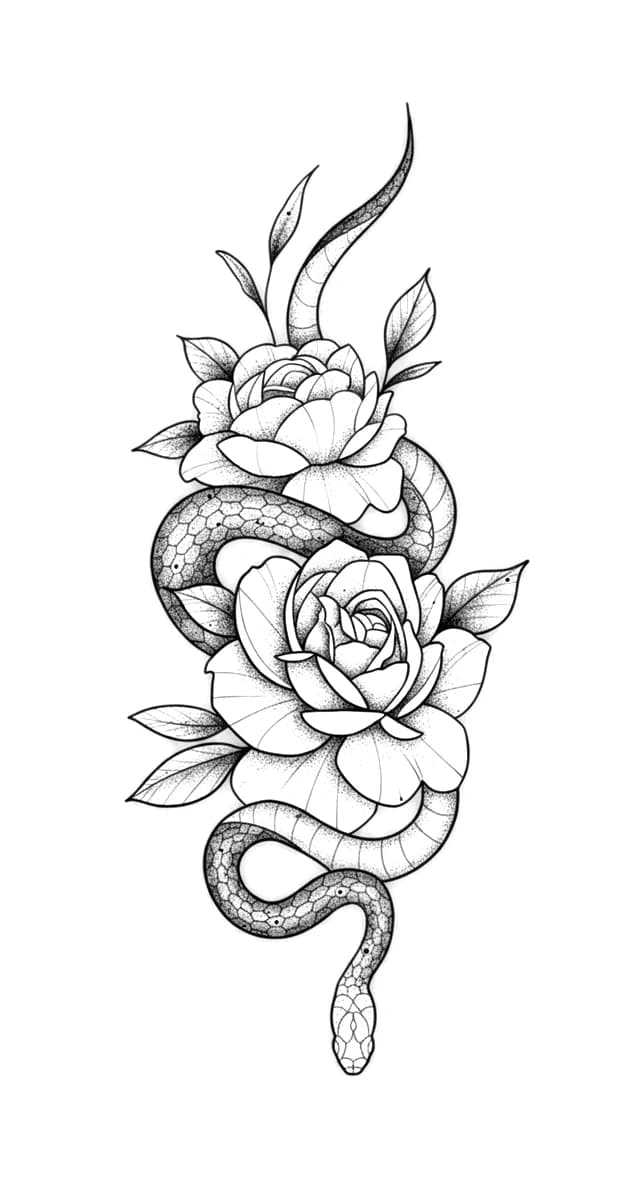 Illustrative tattoo design of a coiled serpent entwined around blooming peonies with fine stippled shading.