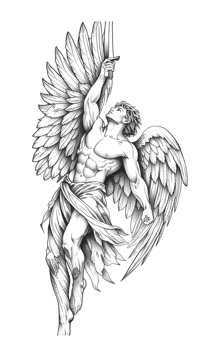 Illustrative black and grey tattoo design of a muscular ascending Icarus figure holding a sword upright with wings spread.