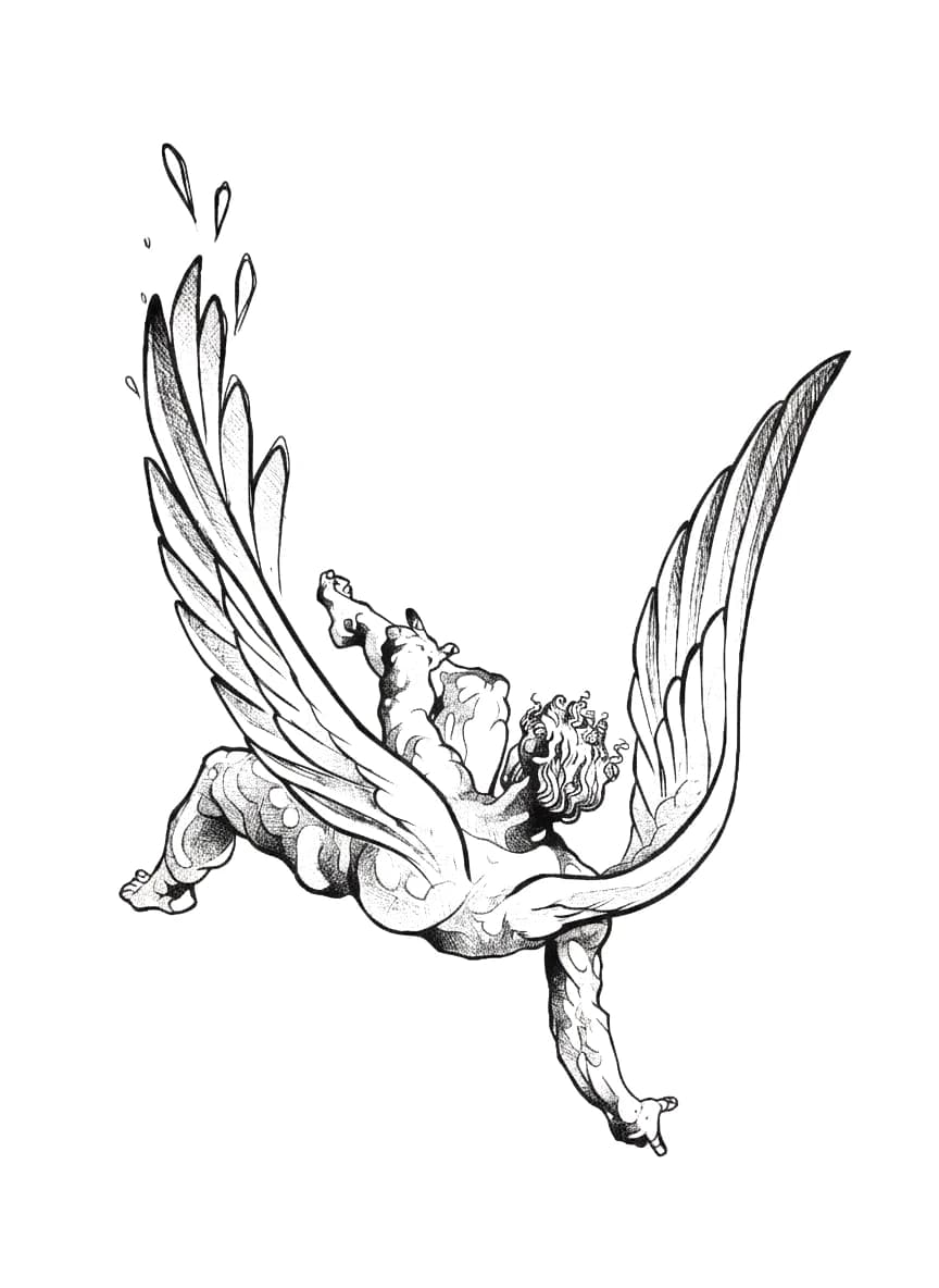 Illustrative tattoo design of falling mythological Icarus with detailed feathered wings and stippled shading.
