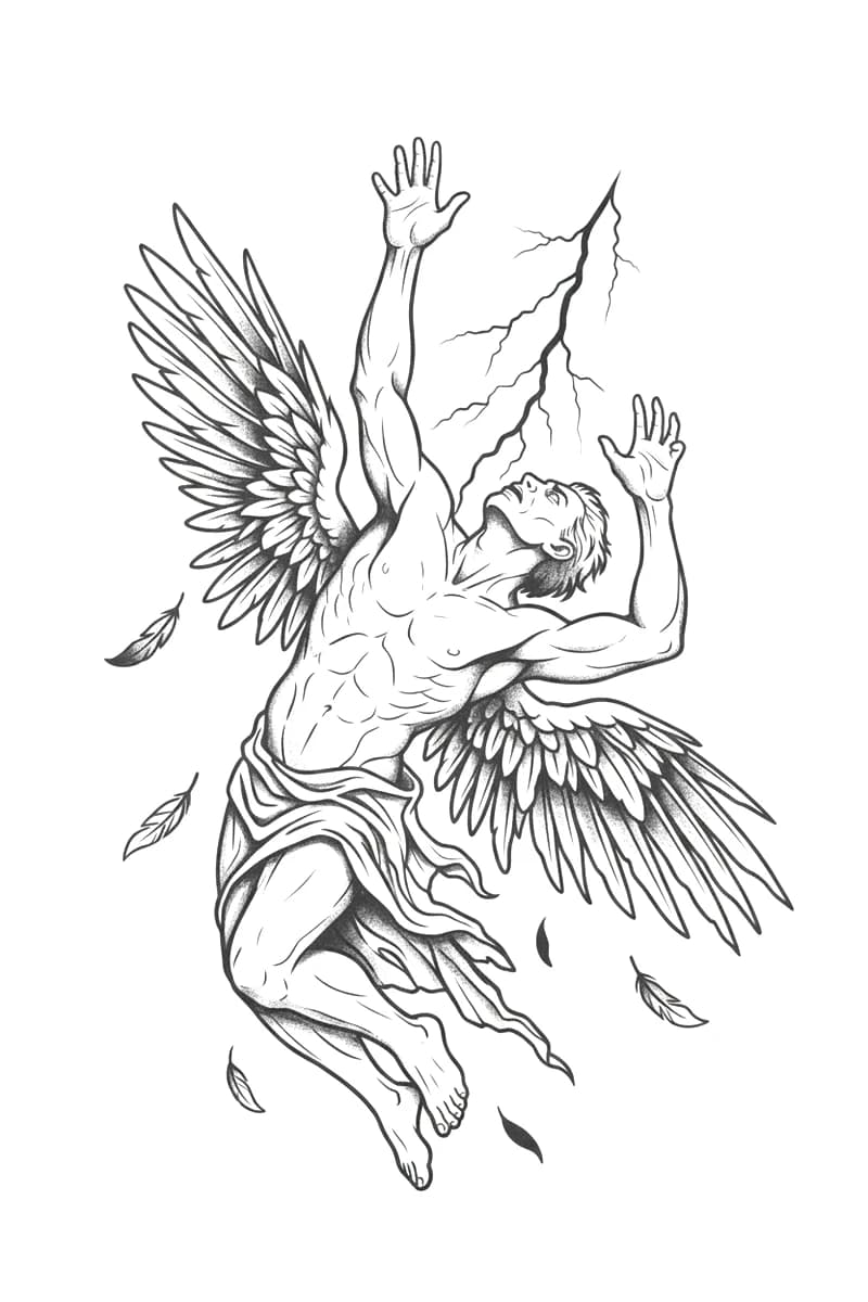 Illustrative tattoo design of a falling winged Icarus struck by lightning with stippled shading and drifting feathers.
