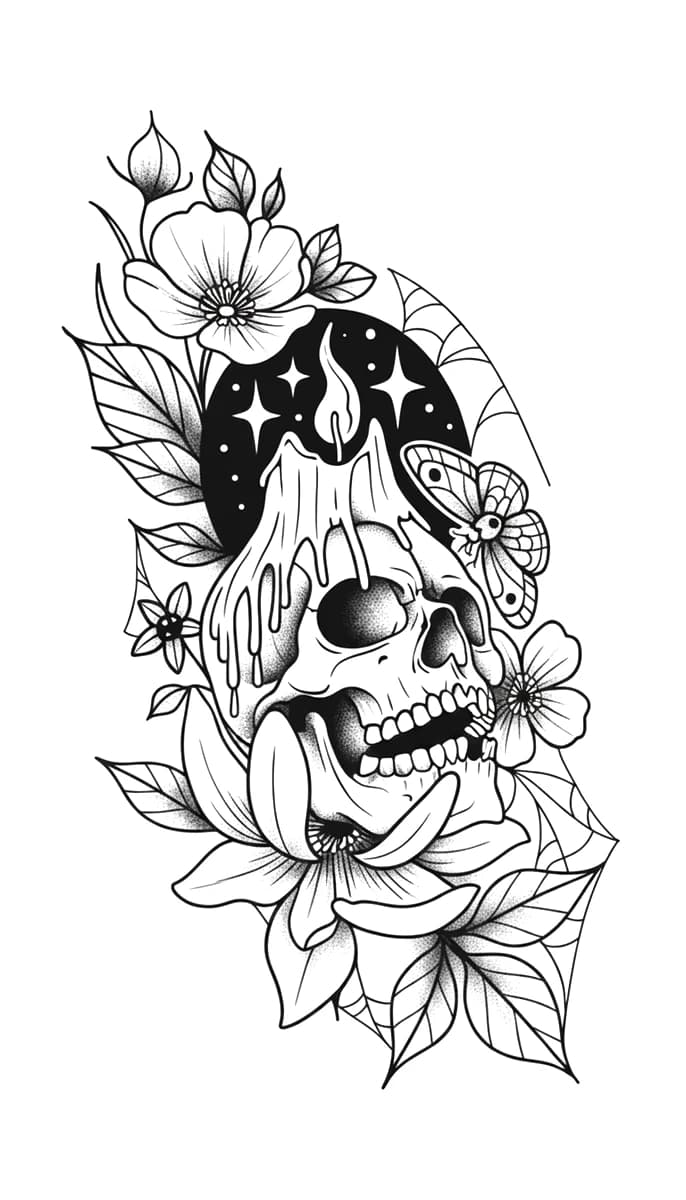 Illustrative blackwork tattoo design featuring a skull with a melting candle, night sky stars, moth, and blossoms.