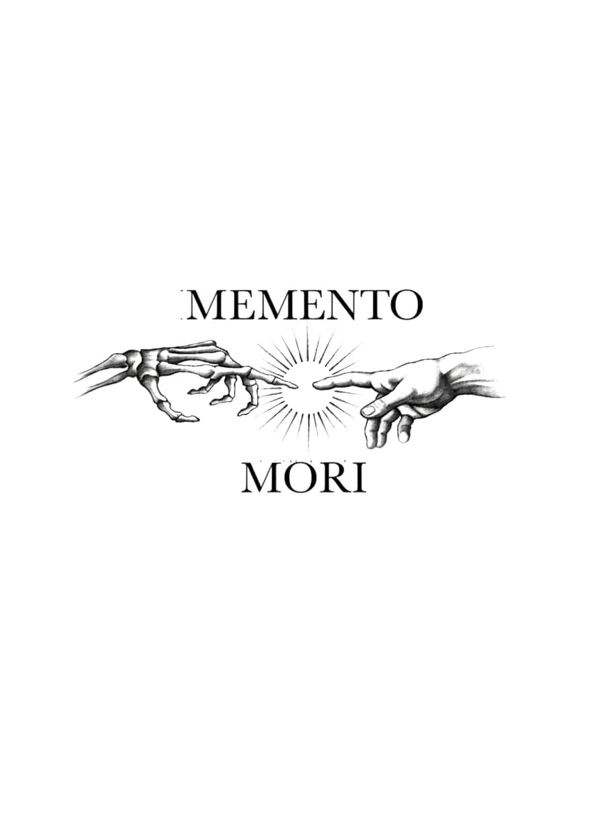 Illustrative Memento Mori tattoo design with a skeletal hand and human hand reaching toward each other around a sunburst.