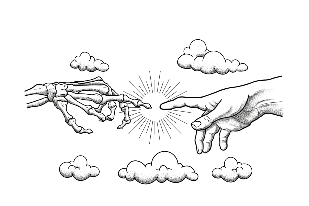 Illustrative tattoo of a skeletal and human hand reaching together before a radiant sunburst framed by stippled clouds.