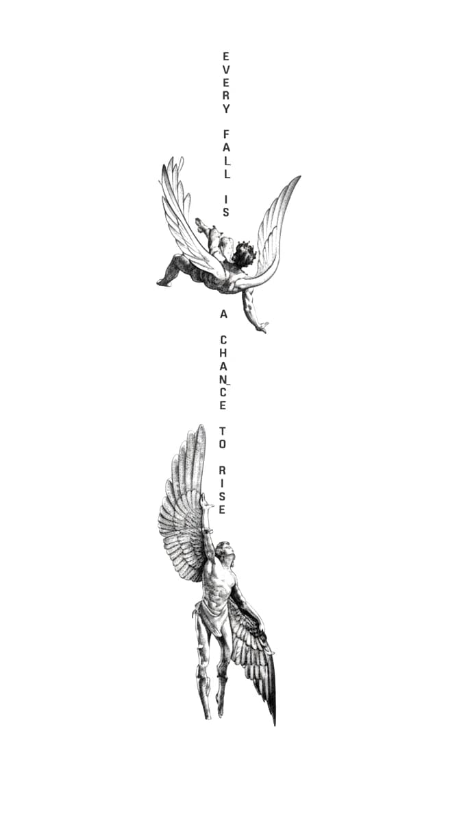 Classical etching style tattoo design of falling and ascending winged figures with a vertical inspirational quote.