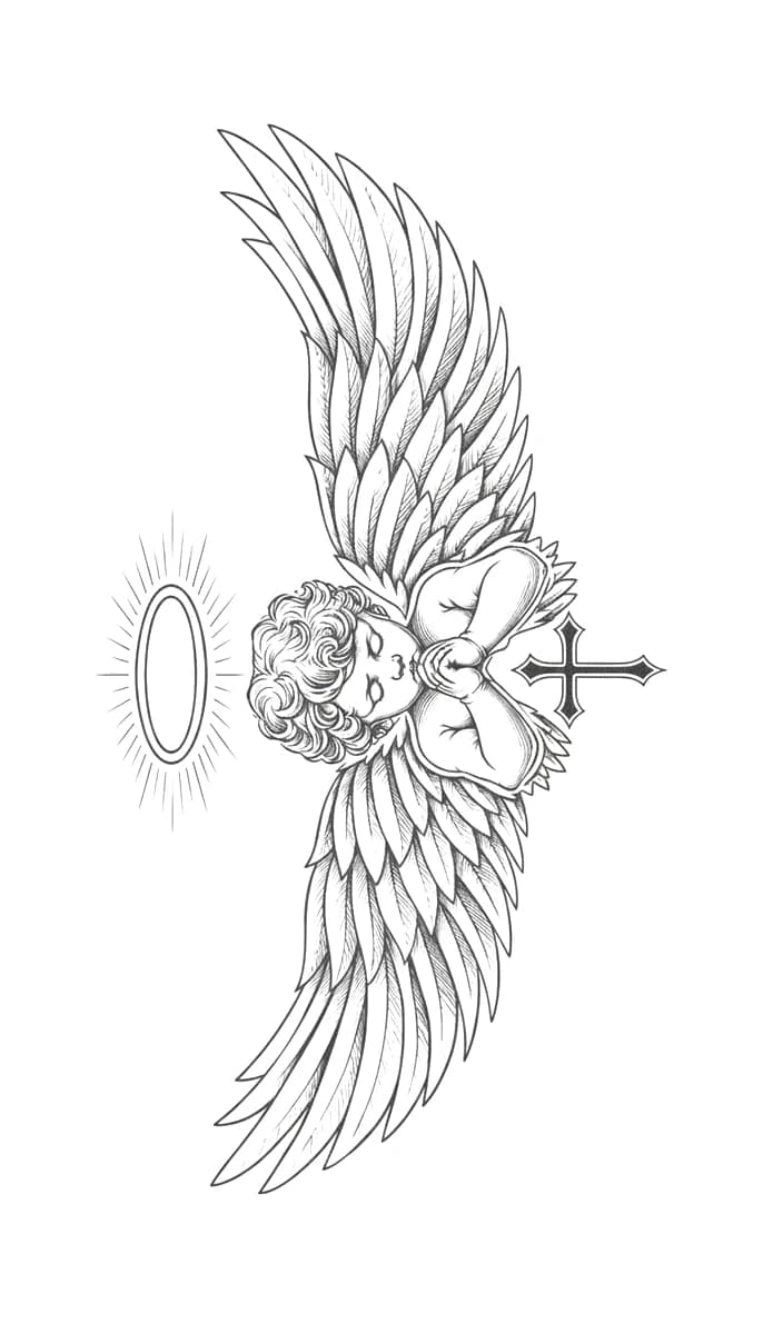 Illustrative praying cherub angel with detailed feathered wings, radiant halo, and cross tattoo design.
