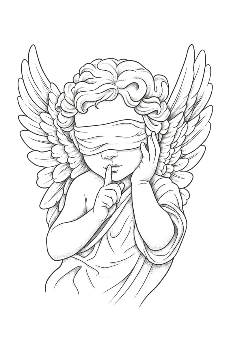 Blindfolded cherub angel with wings holding a finger to lips in stippled illustrative black ink tattoo style.