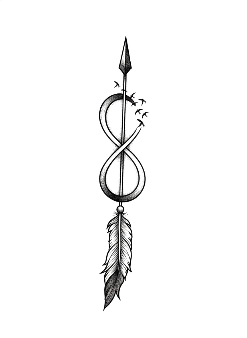 Blackwork vertical tattoo design featuring an arrow integrated with an infinity symbol, flying birds, and a feather.