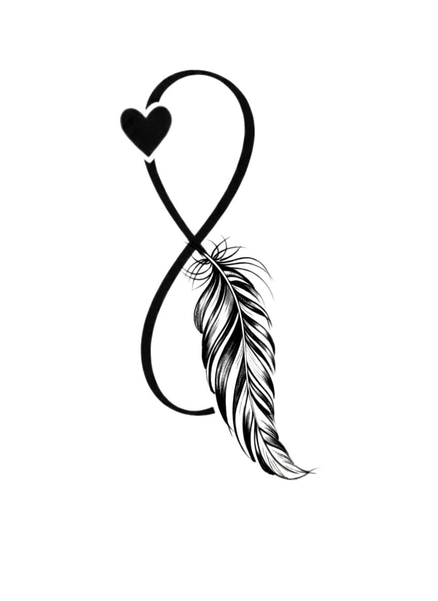 Vertical infinity symbol tattoo design featuring a solid black heart and a detailed shaded feather.