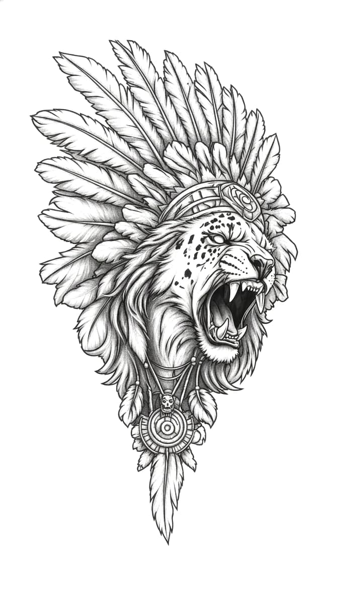 Black and grey illustrative tattoo design of a roaring jaguar wearing an intricate feathered headdress with a skull pendant.