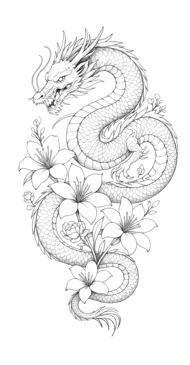 Fine line tattoo illustration of a serpentine Japanese dragon intertwined with detailed lily blossoms.