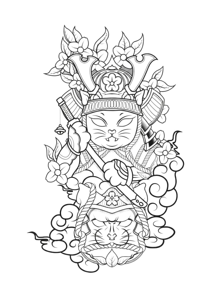 Fine-line tattoo design of a Japanese samurai cat in armor with a katana, cherry blossoms, and traditional clouds.