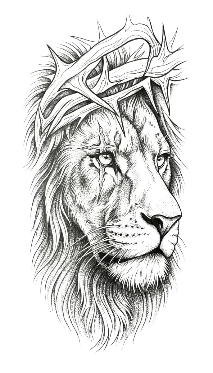 Detailed black and grey illustrative lion portrait wearing a crown of thorns with a cross scar over its eye.