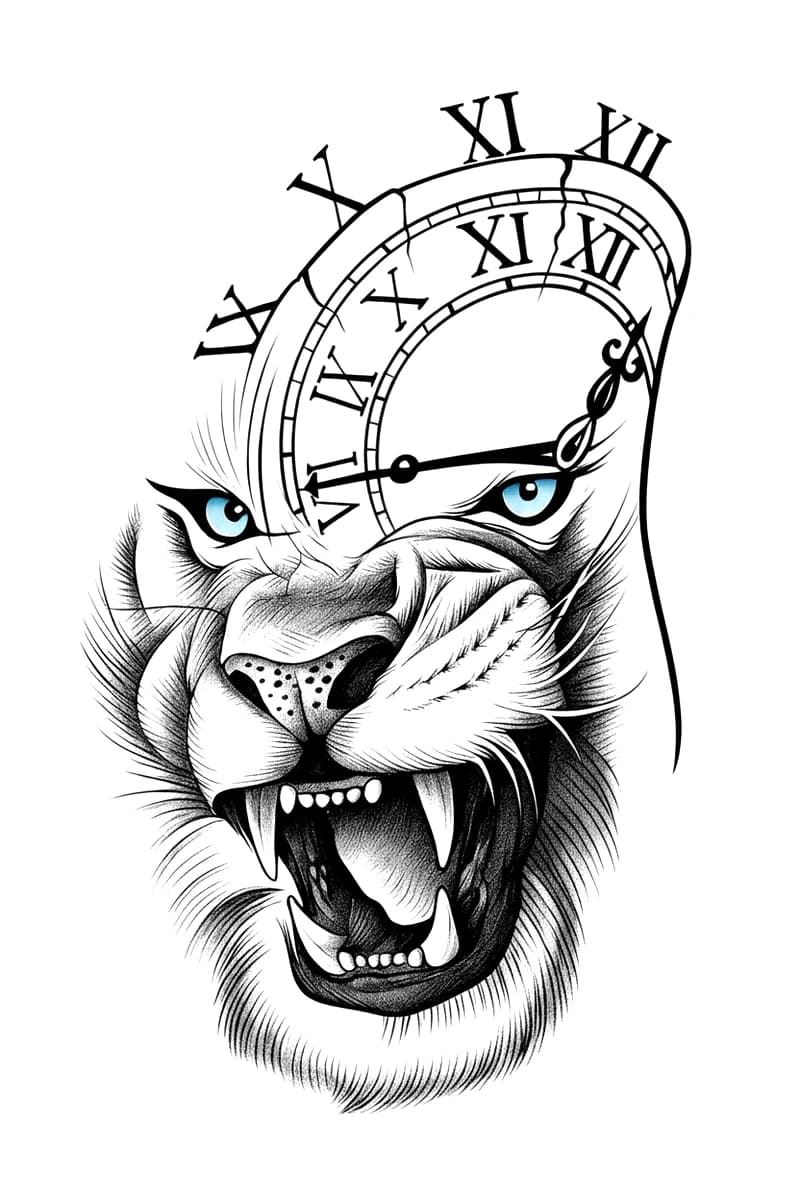 Roaring lion tattoo design with a melting Roman numeral clock and striking blue eyes.