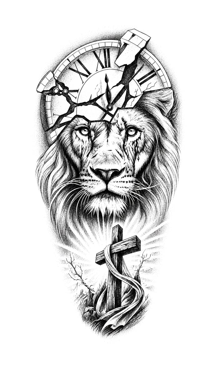 Blackwork design featuring a majestic lion head, a shattered Roman numeral clock, and a wooden cross with draped cloth.