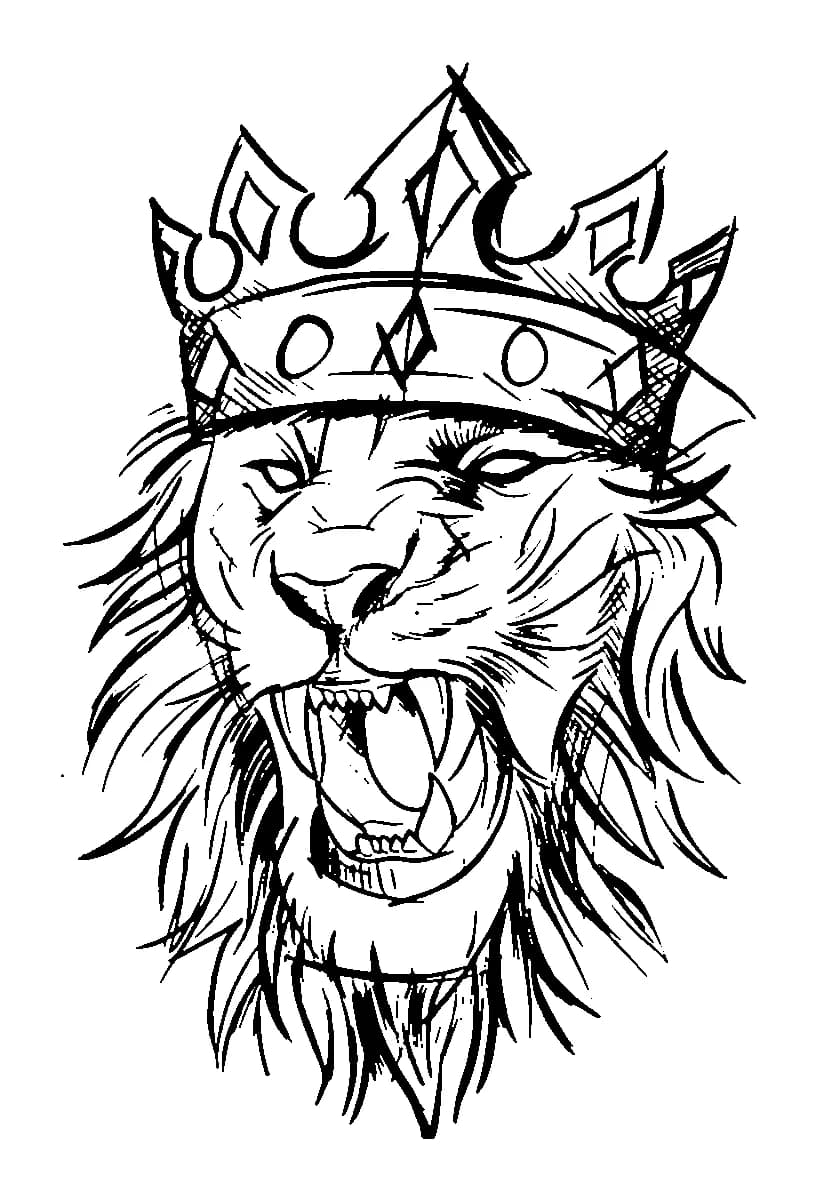 Black line art tattoo design featuring a roaring lion wearing an ornate royal crown with crosshatch shading.