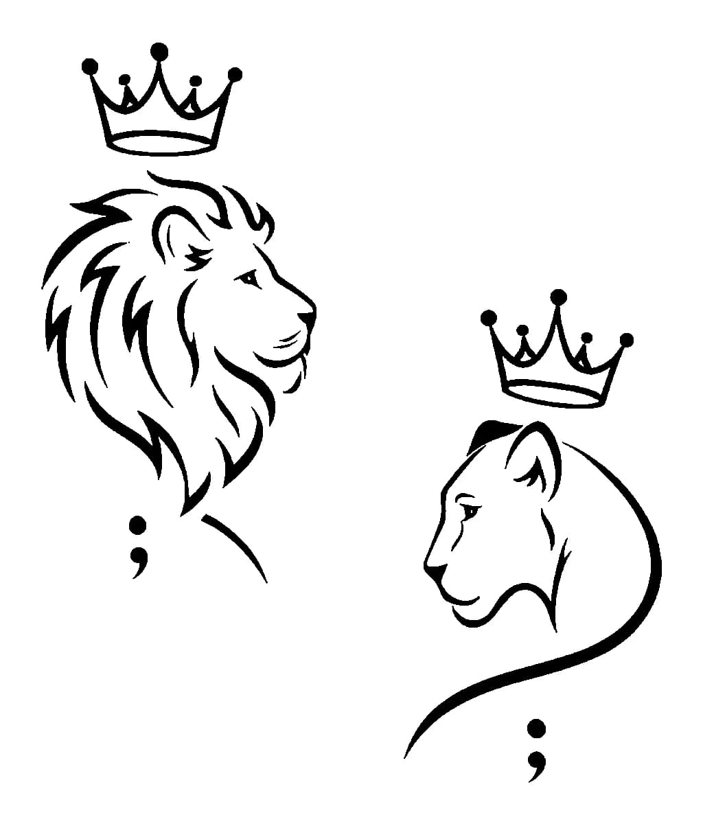 Minimalist black line art of a lion and lioness wearing crowns above semicolon symbols.