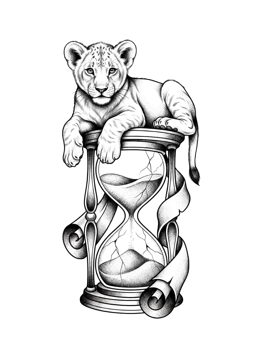 Detailed illustrative blackwork tattoo of a lion cub resting on a cracked hourglass wrapped with a scroll.
