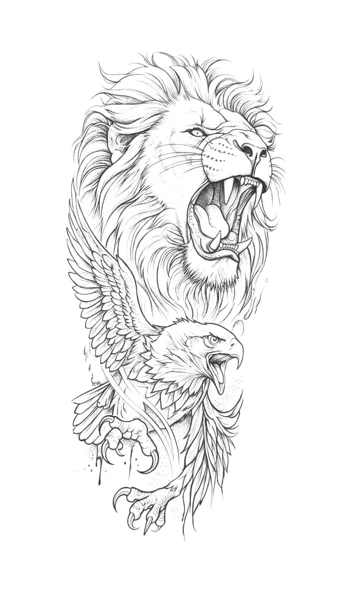 Detailed blackwork illustrative tattoo design featuring a roaring lion and a fierce eagle with sharp talons.