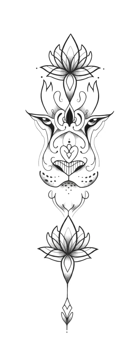 Symmetrical fine line ornamental lion tattoo design with delicate lotus flowers and peppered stippling shading.