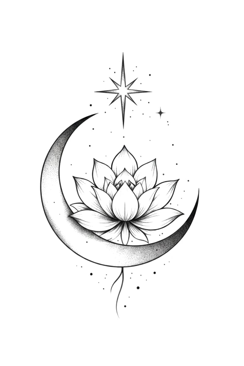 Fine line lotus flower nested inside a stippled crescent moon with a star above.