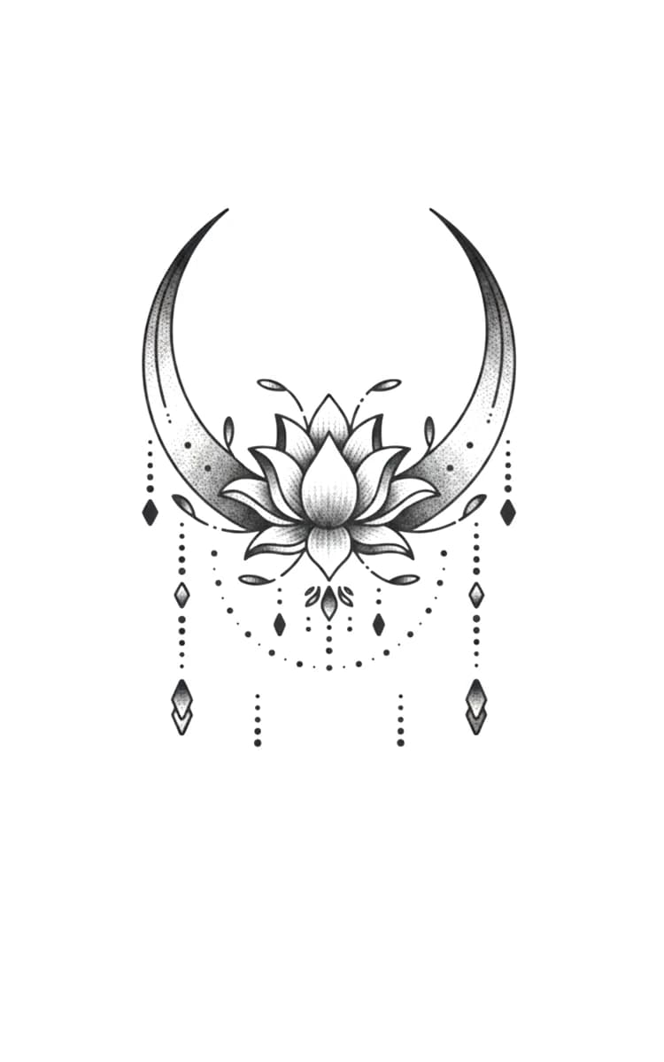Blackwork crescent moon tattoo design centered with a detailed lotus flower and hanging ornamental dotwork jewels.
