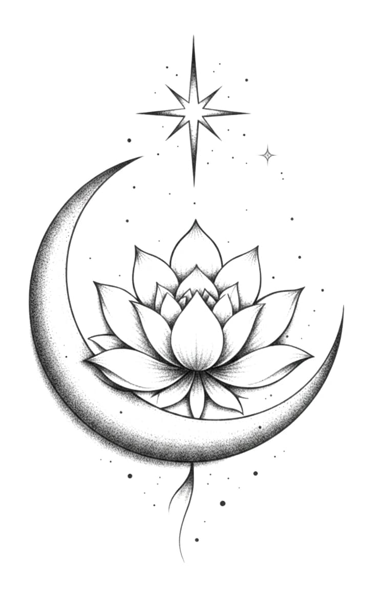 Stippled blackwork tattoo design featuring a central lotus flower nestled inside a crescent moon under a bright star.