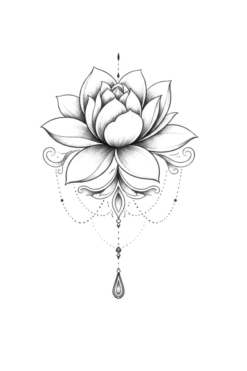 Symmetrical ornamental lotus flower tattoo design featuring delicate dotwork, chandelier chains, and a pendant drop.