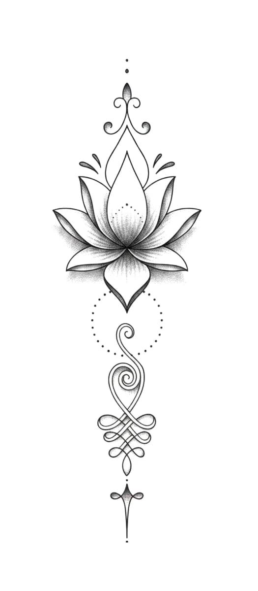 Symmetrical fine line lotus tattoo design featuring an unalome symbol with stippled shading.