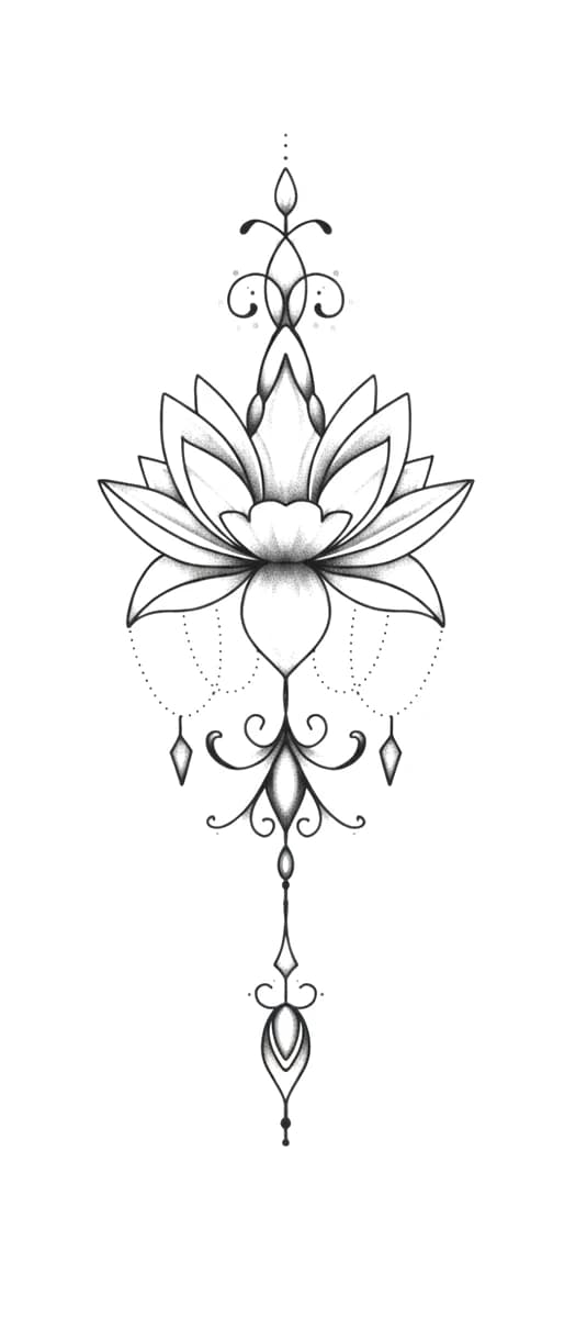 Ornamental lotus flower tattoo design featuring fine lines, dangling bead accents, and soft dotwork shading.