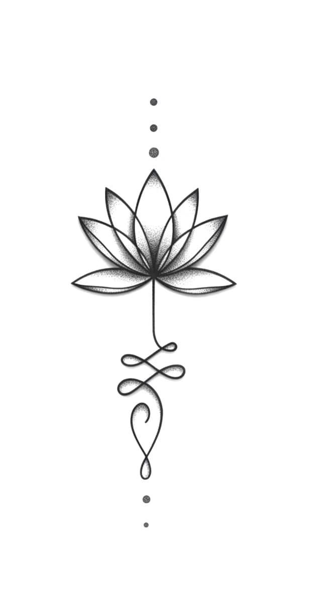Minimalist fine line lotus flower tattoo design with a vertical unalome symbol and delicate dotwork.