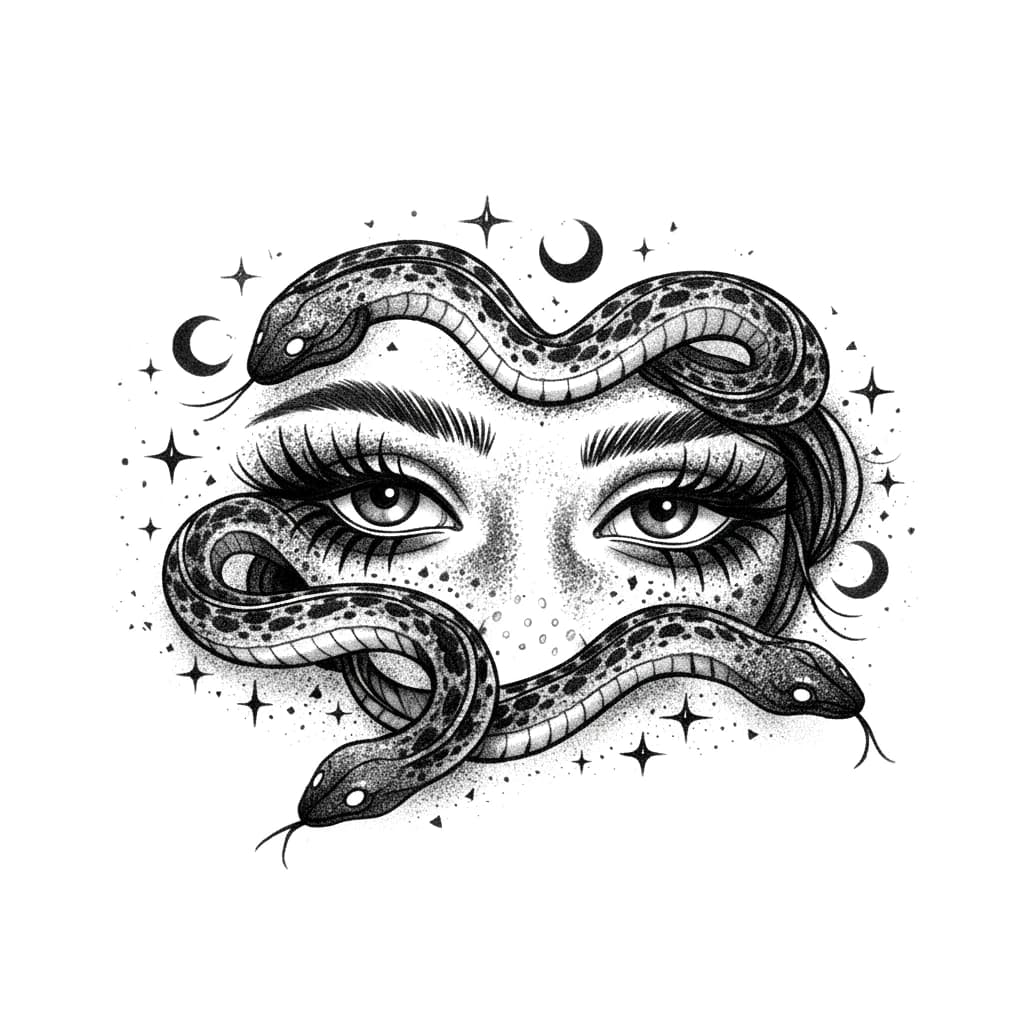 Blackwork illustration of mystical eyes framed by coiled snakes, crescent moons, and stars with stippled shading.