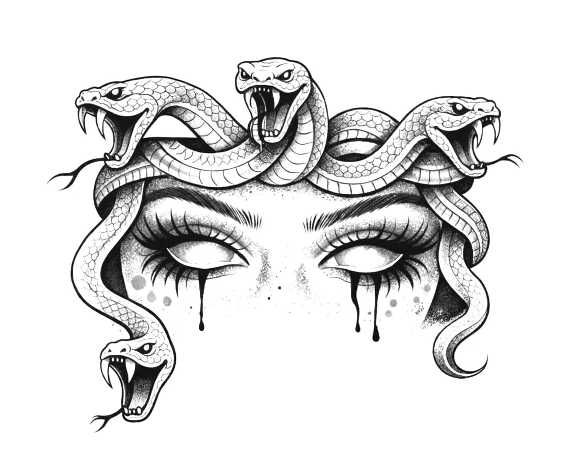 Illustrative blackwork tattoo design featuring Medusa eyes framed by snarling snakes with black tears falling.
