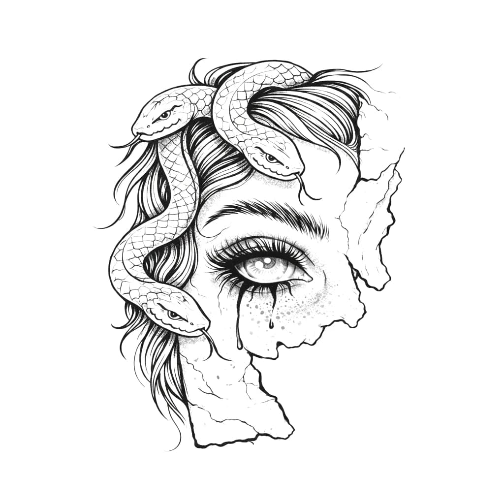Illustrative blackwork Medusa tattoo design featuring serpents, hair, and a weeping eye in a cracked stone face.