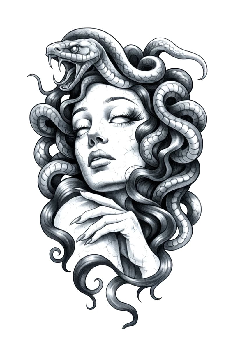 Detailed black and grey Medusa tattoo design featuring serpents in hair and cracked stone skin texture.