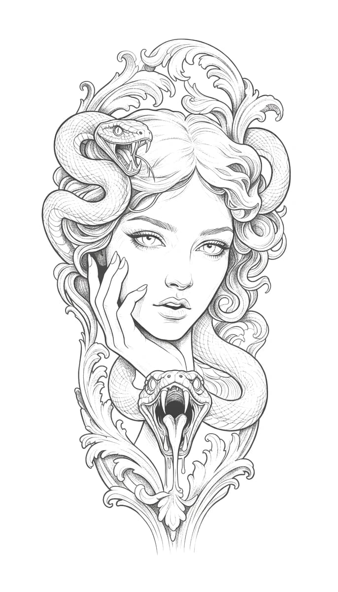 Fine line illustrative Medusa tattoo design featuring venomous snakes, ornamental acanthus leaves, and a serene portrait.