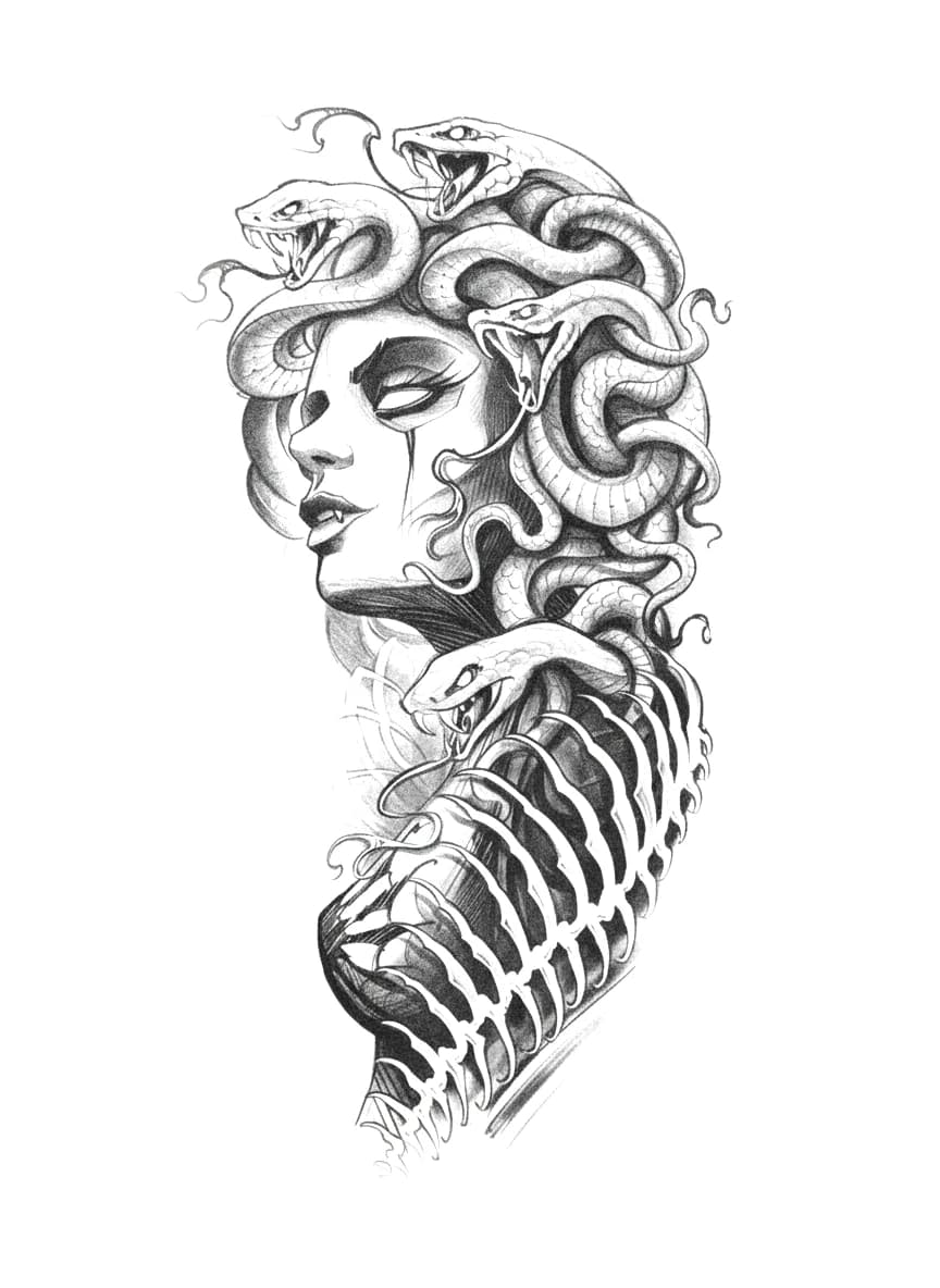 Black and grey shaded Medusa portrait with hissings snakes as hair and a detailed exposed skeletal ribcage.